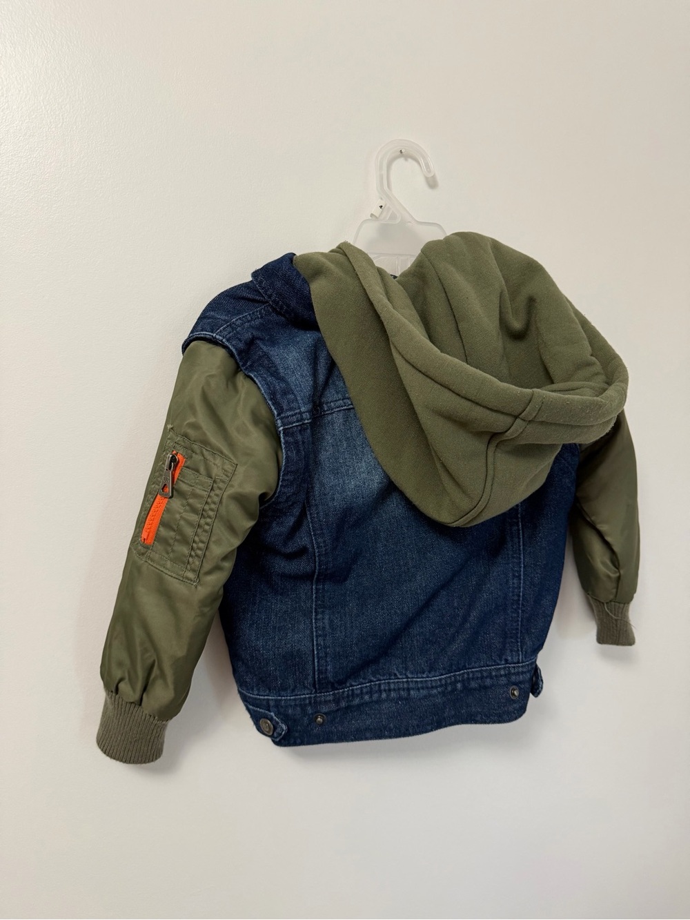 Urban Republic Blue Denim Jacket with Olive Green Hood and Sleeves